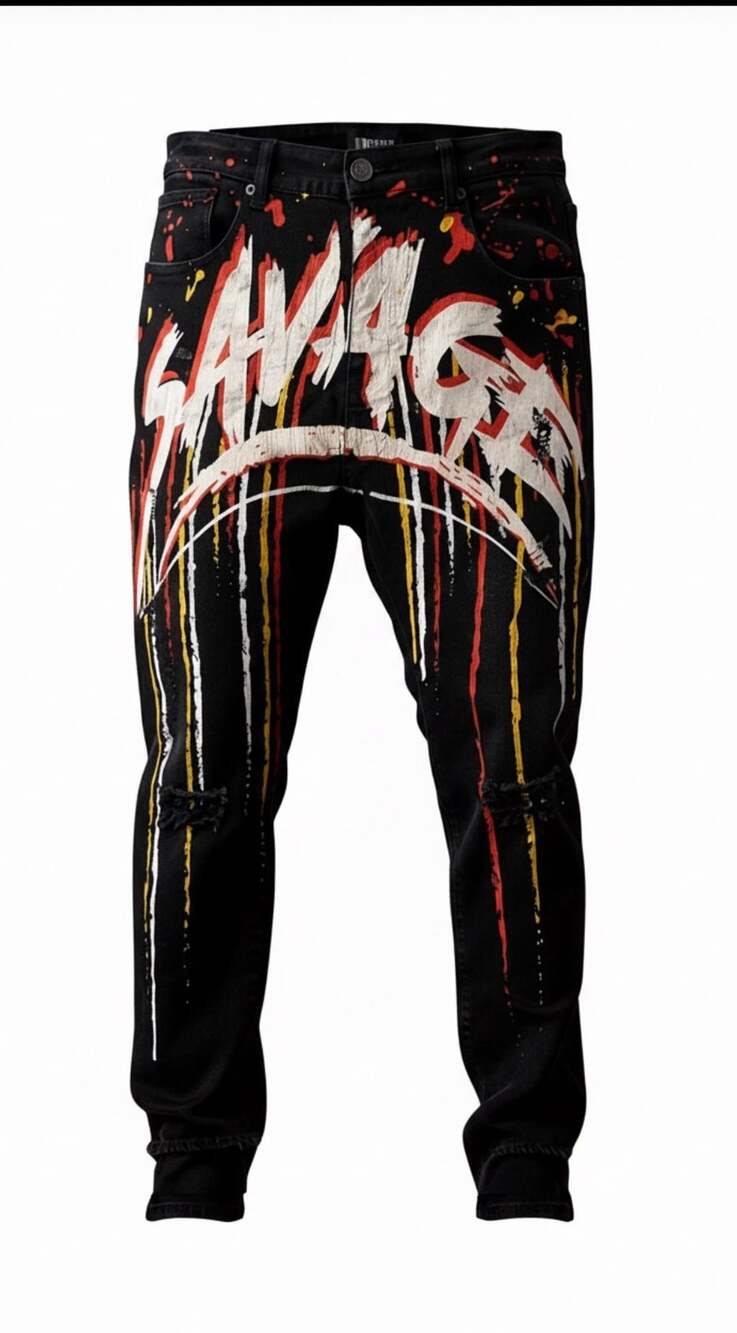 Waimea Men's Black Savage Paint Splatter Distressed Skinny Fit Jeans Size 36x32